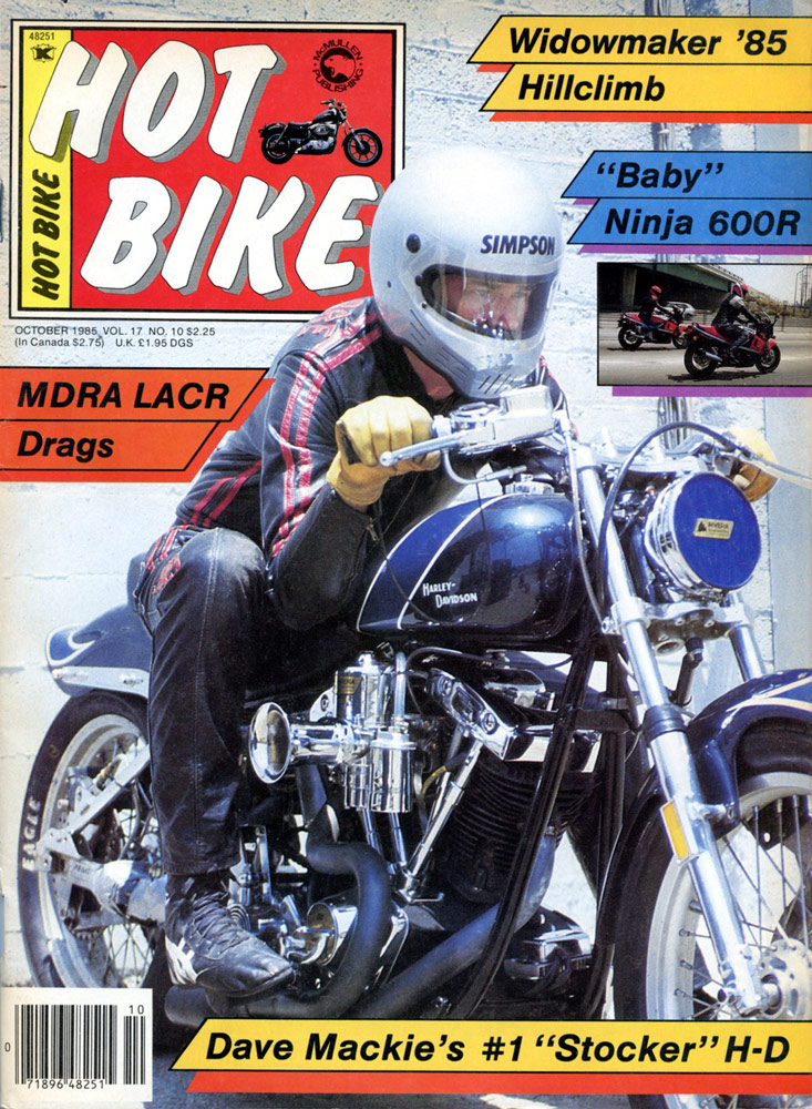 Cover of October 1985 Hot Bike Magazine, with Dave Mackie on the cover.