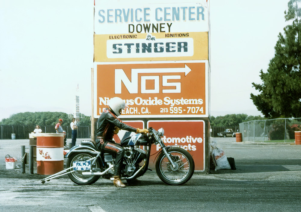 Dave Mackie on his Harley-Davidson drag bike, just before burning rubber.