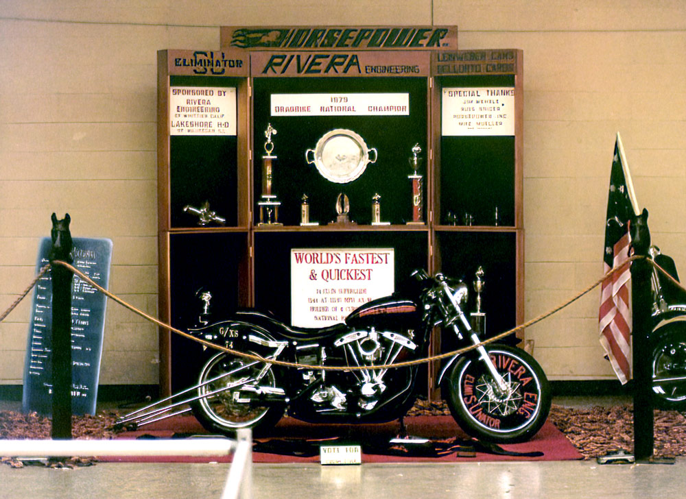 Dave Mackie's 1979 dragbike champion on display at Mel Magnet's Rivera Engineering booth at the Motorcycle Expo in Cincinatti, Ohio